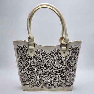 Trinity Ranch Western Floral Embossed Leather White Tote Bag